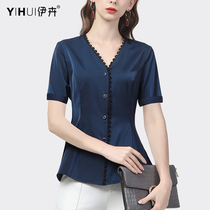 Shirt design feeling short sleeve blouses women 2022 Summer new satin linen lining Slim Pro V Collar Gadget