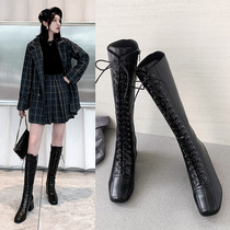 Long boots womens knee boots long boots knight boots 2021 new autumn and winter lace-up flat-bottomed square-headed riding boots high boots