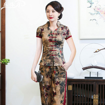 Summer short-sleeved silk Tang dress top two-piece set improved fashion Cheongsam set Chinese daily mother outfit large size