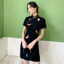 Short Improved Qipao Black Dress Black Tandem Dress Retro China Wind Student Youthful Everyday Life Clothing Country Wind Girl