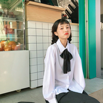 Early autumn coat white shirt female Korean version of hipster academic style bow loose Joker students long sleeve shirt