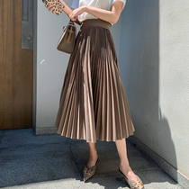 2021 spring new high-end design hand-pleated split skirt simple high waist mid-length pleated skirt