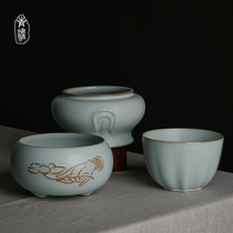 Ru Kiln Pen Wash ceramic by hand Large number Water pelvis Jingdezhen Thou porcelain imitation Song Porcelain Gift Box Clothes Wenfang Four Treasure Blue Porcelain