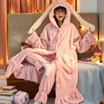 Pajamas womens autumn and winter coral velvet robes long set can be worn outside flannel padded and velvet bathrobe home wear
