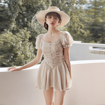 Swimsuit female 2021 New Korean ins conjoined belly thin pearl skirt conservative fairy fan student swimsuit