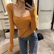 2021 autumn new retro chic all-match square collar slim slim t sexy chest bottoming shirt womens top