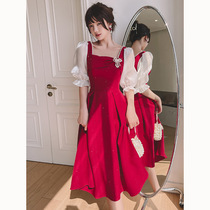 Pregnant woman bridal toast in summer engagement dress Back to door dress Womens red color Big code Fairy Fairy Bubble Cuff