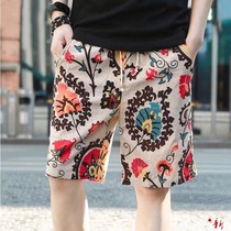 Casual shorts mens summer linen beach pants thin five-point pants big pants large size loose flower pants