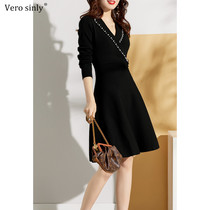 vero sinly suit collar pearl knit dress brevity and elegant details full of elegant details