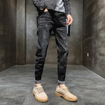 Fugui bird autumn and winter jeans mens Korean trend black versatile small feet slim and velvet casual mens trousers