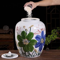 Jingdezhen hand-painted ceramic rice tank household 30kg 50kg flour bucket with lid insect-proof and moisture-proof sealed storage tank