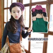 Korean childrens clothing Spring and Autumn new girls wave high collar cotton base shirt big childrens Joker long sleeve T-shirt