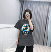 Pure cotton printed T-shirt Summer new Korean version 100 hitch short sleeve loose mid-length round neckline College Wind Compassionate Blouse