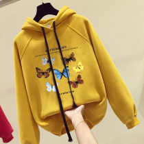 South Koreas yellow printed short sweatshirt womens cap 2021 new spring and autumn slim loot of foreign air blouses