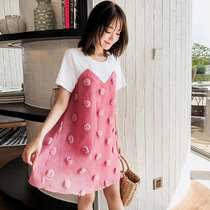 Gestational Maternity Dress Summer Clothing Fake two Coloured short sleeves Pregnant Woman Lian dress Summer Korean version loose A character dress Korean version of dress