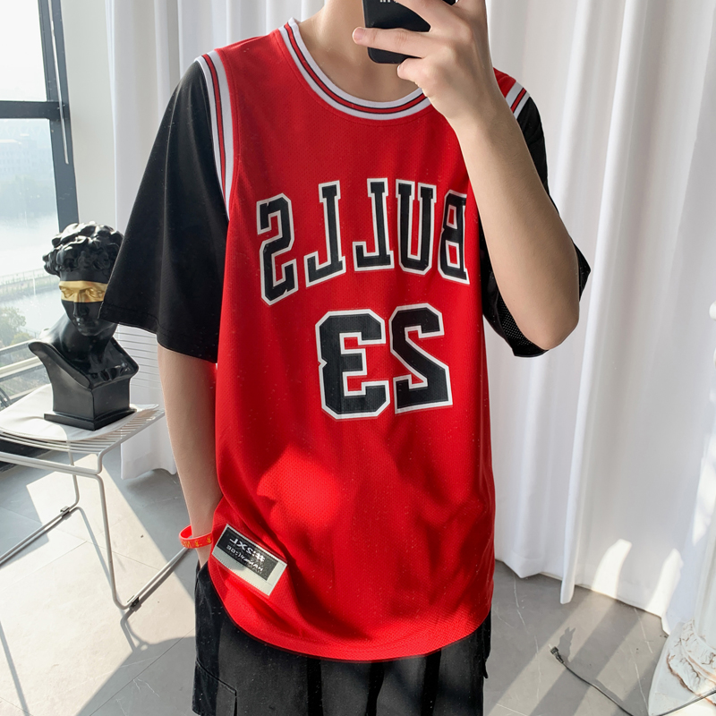 Short-sleeved t-shirt fake two-piece basketball clothing Sports t-shirt mens short-sleeved training suit Running fitness loose class suit couple