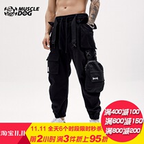 Muscle dog sports leisure fitness trousers mens Tide brand autumn loose bunch foot detachable multi-pocket overalls
