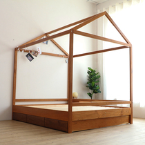 Solid wood childrens bed with guardrail Nordic creative tree house house boys and girls princess bed Cherry wood ins childrens bed