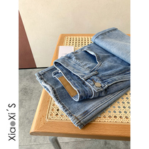 Xiao Xijia) Light blue Korean burrs pear-shaped high waist thin straight wide legs loose mop denim long pants
