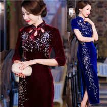 Special clearance high-grade nail diamond beaded gold velvet Cheongsam Wedding mother Cheongsam long dress performance wedding