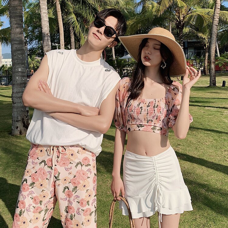 Swimsuit women's hot spring conservative trousers long version cover the thighs to be thin and cover the belly two-piece couple 2021 new bath clothes