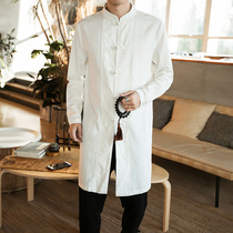 Mens trench coat long autumn Chinese style buckle linen jacket mens solid color stand collar coat cloak mens tide