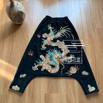  Cloud decoration totem original design womens trousers national style hand-embroidered old embroidery plate Golden Dragon personality large crotch pants down pants