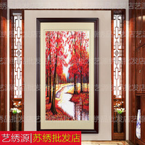 Su embroidery vertical embroidery finished hanging painting landscape painting living room entrance to friends gifts Golden Avenue red embroidery yellow Maple