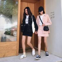 Autumn Korean chic denim cardigan jacket fashion suit + high waist slim bag hip skirt short skirt two-piece women