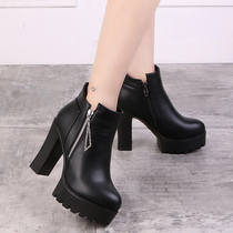 2020 autumn and winter cotton shoes high heel short boots female coarse heel Martin boots thick bottom waterproof platform plus velvet foreign leather shoes single