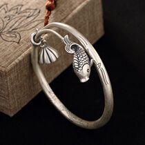 990 Football Yinyin ethnic wind carp lotus lotus feng has more than hand retro - silver female bracelet solid bracelet