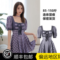 Swimsuit Women Conjoined Dress Style Retro Plaid Big Code Fat Mm Veil Slim Soak Hot Springs Fresher Conservative Students
