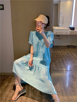 BORAKOO Korea Dongdaemun 19 summer beautiful blue pearl soft glitter lotus leaf fishtail dress