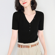 Miama Shiman V-neck knitted short-sleeved t-shirt womens spring and summer 2022 new slim half-sleeved careful machine ice silk top