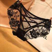 Black Nightclub Embroidery Sexy Glamorous Summer Lace Briefs Lady Triangle Pants Lace Seductive Rear Hollowed-out Pants Head