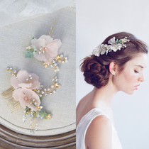 Vivian fresh wedding bride hair comb hair accessories floral headdress apricot pink chiffon flower slices rhinestones green leaves beautiful hair accessories