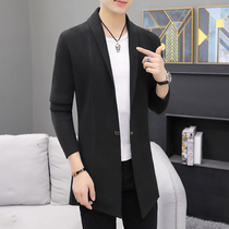 Medium and long knitwear cardigan jacket mens spring and autumn thin sweater jacket wear Korean slim trend
