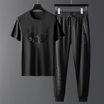 Rich Guido Embroidery Suit Men 2021 Summer New Ice Speed Dry Tide Card Short Sleeve T-Shirt Casual Two-piece Set