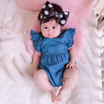 Korean childrens clothing summer baby cowboy jumpsuit flying sleeve female baby sweet princess cute flying sleeve crawling suit bag fart