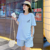 Pregnant Woman Suit Summer Thin out of fashion Fashion Tidal Moms Big Code Short Sleeves Blouse Blouse Sport Casual Two-piece Set