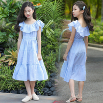 summer children's pure cotton girls' striped missed shoulder princess skirt floral collar long dress