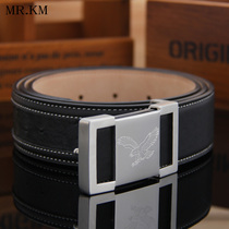 MR KM Belt Men Ostrich Striped Bull Leather Stainless Steel Flying Eagle Buckle Business Belt Tide Youth Pants Strap