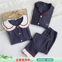 ins wind couple full cotton sleeping clothes spring summer pure cotton cotton yarn crepe cloth mens doll collar home suit thin section