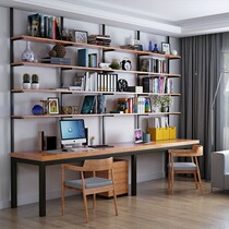 Solid wood partition bookshelf desk combination Iron computer desk study desk double computer desk desk writing desk