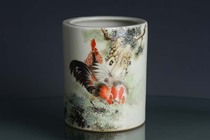 Republic of China Liu Yucen painted pastel brocade feather wind three male map Big Rooster Pen Holder