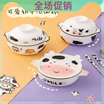 Porcelain Bowl Dorm Room With Students ins Foam Noodles Bowl Japan Style Cute Bowl chopsticks Single set with cover ceramic cows Home