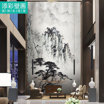 The whole face is empty background wall cloth customized large landing landscape welcoming pine entrance wallpaper blue gray wall cloth vertical
