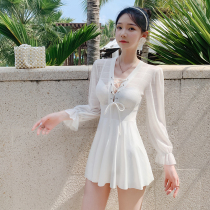 Sanya Swimming Womens net red White Super fairy skirt type conjoined belly thin abdomen belt Cup long sleeve Seaside swimsuit