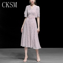 CKSM2021 summer new V-neck petal sleeve printed chiffon dress court style A swing umbrella skirt temperament is thin