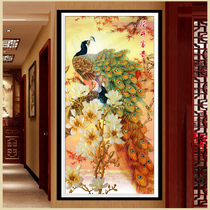 Printed cross embroidered flowers open rich peacock cross stitch 2021 new line embroidered living room vertical version Xuan Guan embroidered greatly